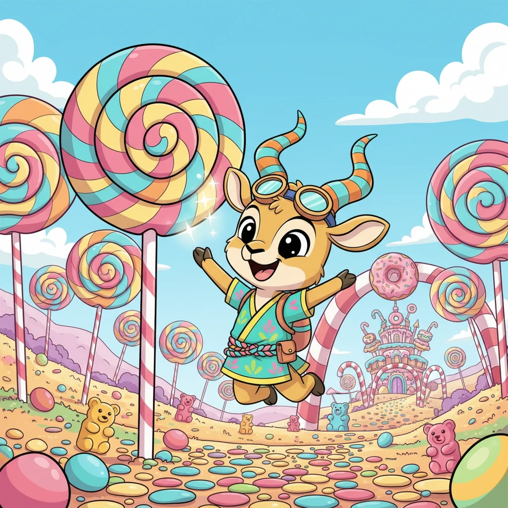 The savanna had completely transformed into a fantastical Candy Kingdom! Towering lollipops with swirling colors sprouted like cheerful trees, and candy canes formed whimsical archways. Everywhere Pip looked, there was something new and delicious to discover in this sugary paradise.
