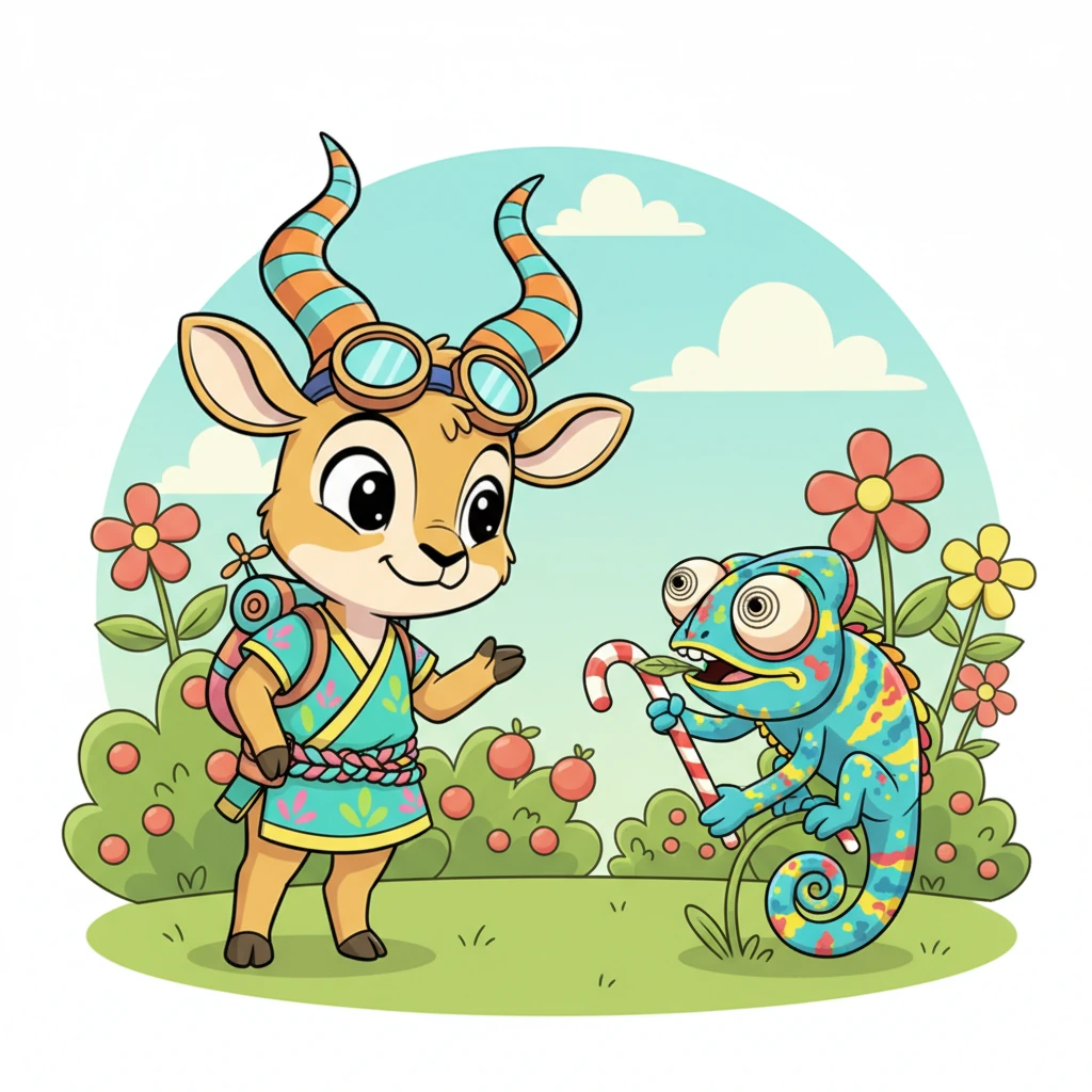 As Pip explored, he spotted another creature, a small, brightly colored chameleon named Flicker, with eyes that spun comically. Flicker was cautiously nibbling on a candy cane leaf, looking just as bewildered and delighted as Pip. Their eyes met, and a silent understanding passed between them.