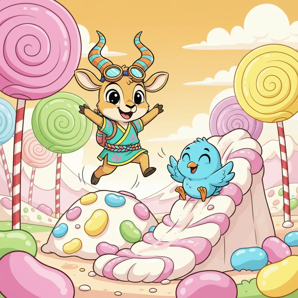 Pip and Flicker quickly became friends, their playful spirits perfectly matched for this sugary world. They spent the afternoon bouncing off jellybean hills, sliding down marshmallow slopes, and playing hide-and-seek among the giant lollipop trees. Laughter echoed through the sweet landscape as they chased each other with glee.