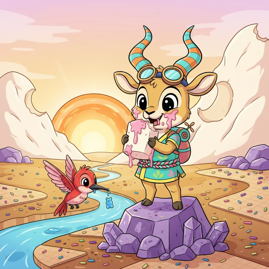 As the candy sun began to dip, casting golden, syrupy light, Pip and Flicker decided it was time for a grand feast. They nibbled on crunchy rock candy, slurped from the gummy bear river, and took huge, satisfying bites out of the fluffy marshmallow mountains. Their faces were sticky with sweet joy.