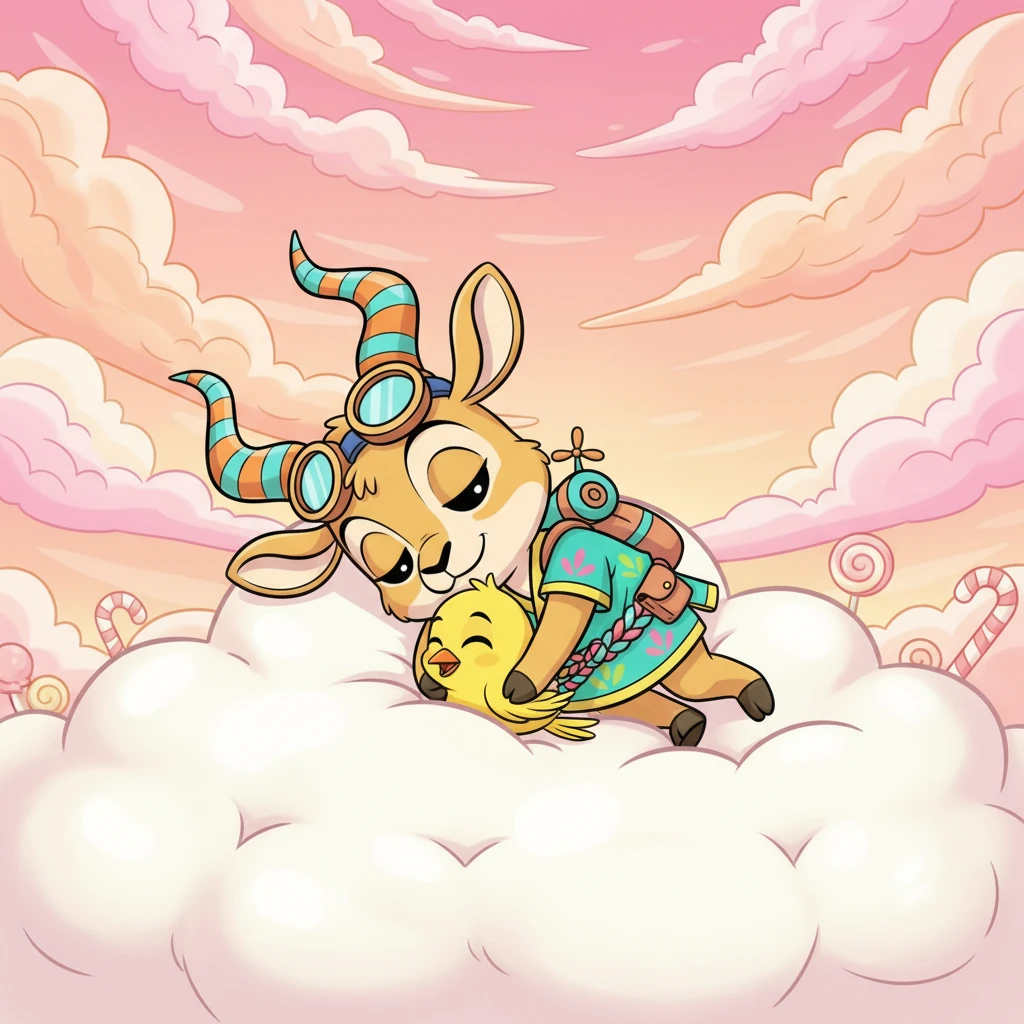 Finally, full and content, Pip and Flicker snuggled together on a giant, soft marshmallow cloud, watching the sky turn into a swirl of pink and orange sherbet colors. They drifted off to sleep, dreaming of more candy adventures in their sweet, new world, ready for another day of whimsical fun.