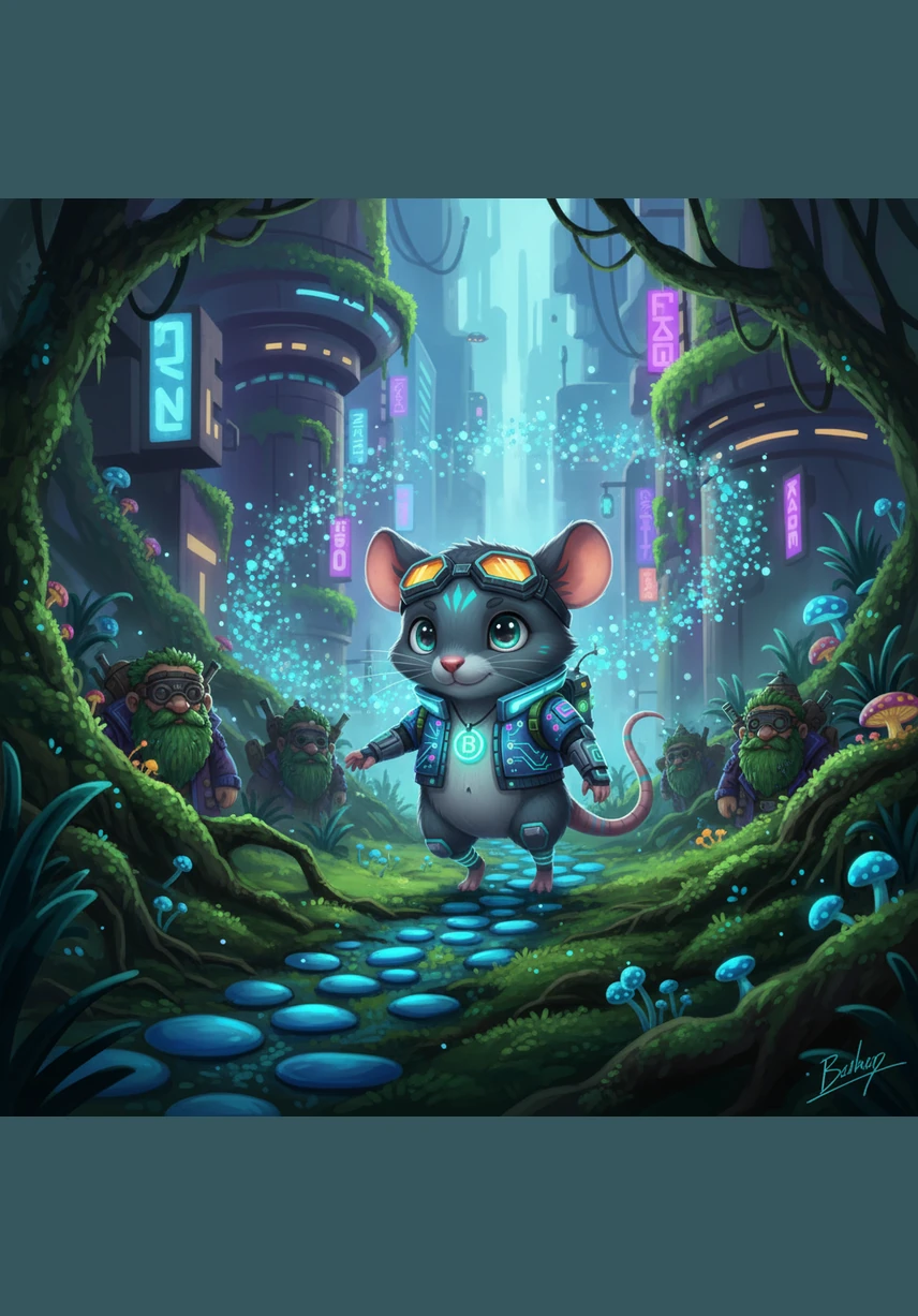 As he wandered deeper, the air began to shimmer with floating specks of light that danced around his whiskers. Suddenly, Barnaby spotted a trail of polished blue pebbles winding through the thick, emerald moss.