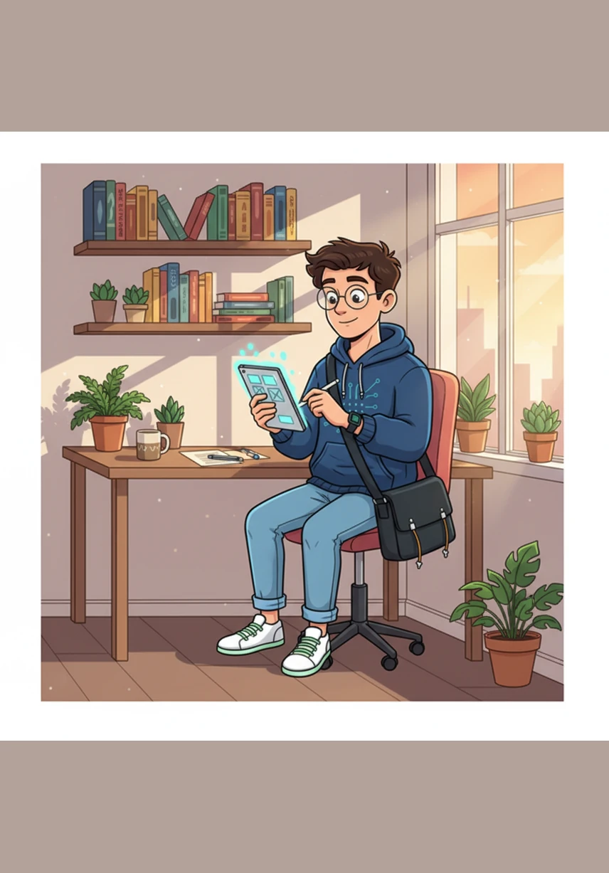 Alex sits at a sunlit desk, sketching the layout of a new digital interface on a tablet. The room is filled with books on design and small potted plants, creating a calm atmosphere for creativity.