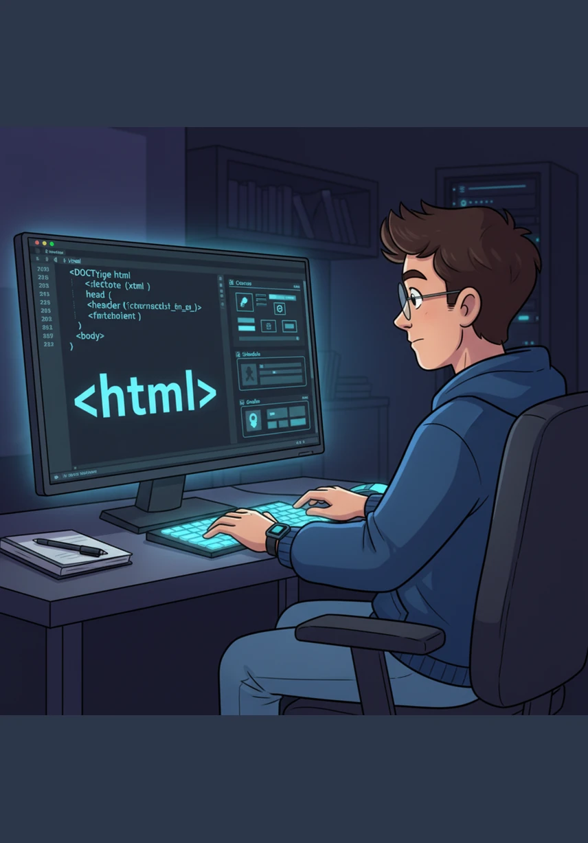 On a large glowing monitor, Alex begins writing the HTML skeleton for the student portal. The screen displays a blank canvas that is slowly filled with the structural elements of a modern dashboard.