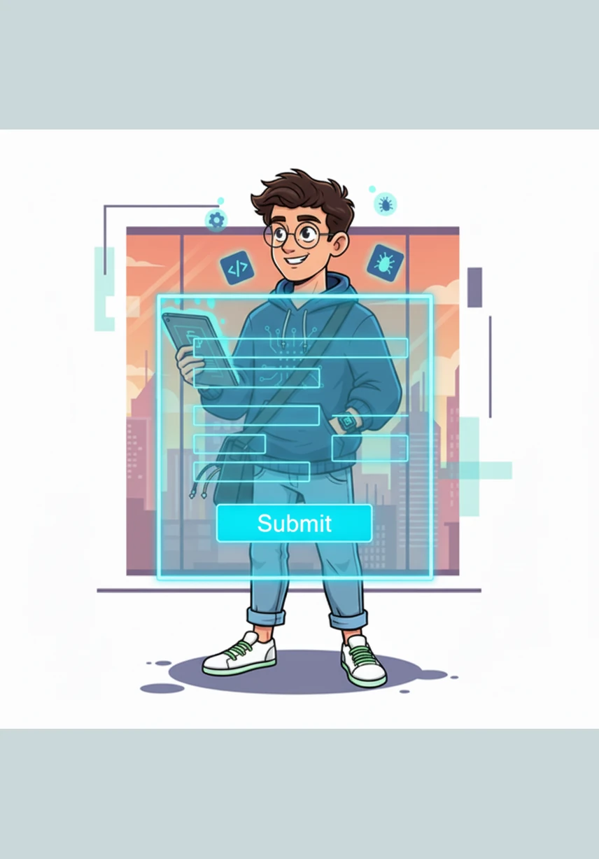 A prominent Submit button is added to the bottom of the form, glowing with a vibrant blue hue. It stands out as the central call to action, inviting the user to save their progress.