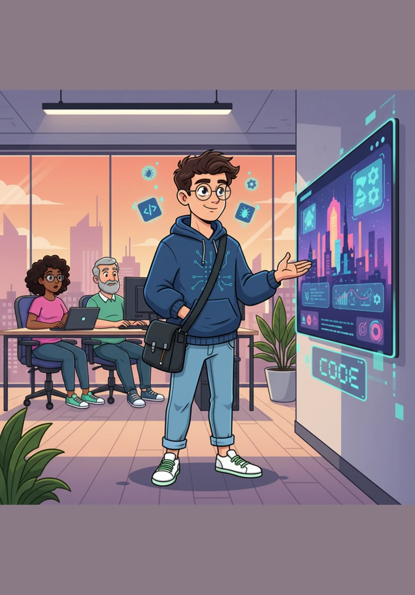 The final design is revealed, showing a high-contrast, user-friendly interface that balances functionality with beauty. Alex smiles, proud of the clean and efficient DBMS project they have created.