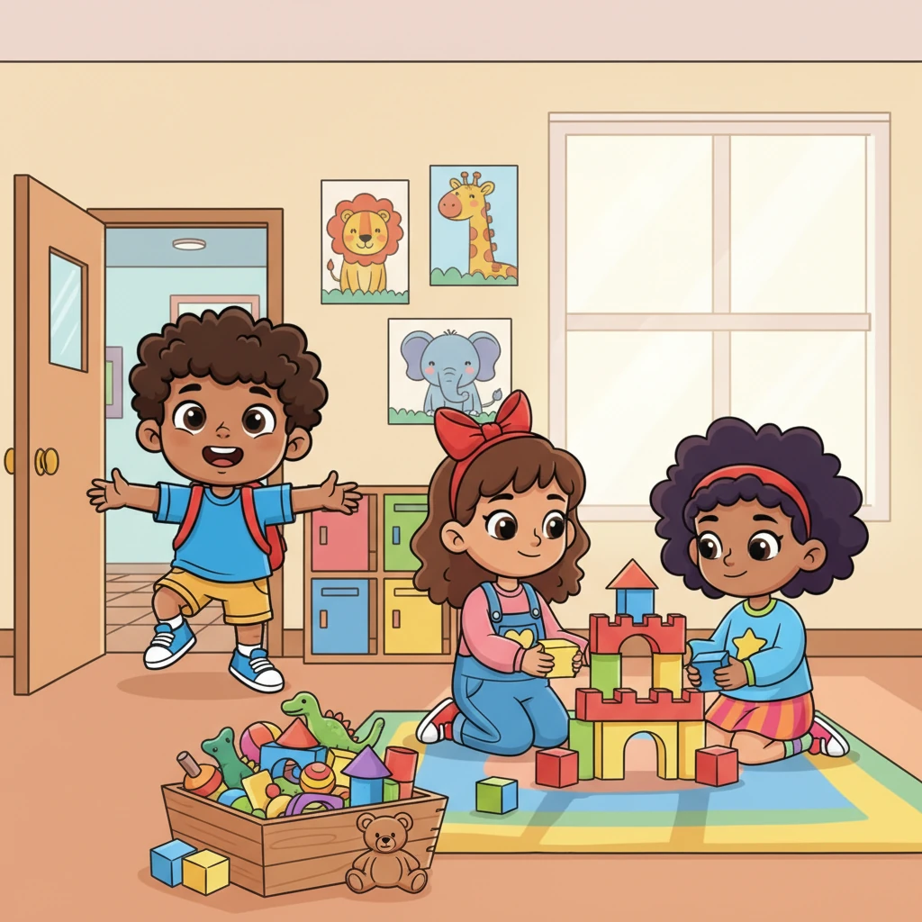 Alex, a boy with a mischievous grin and a bouncy spirit, bursts into his bright, cheerful classroom. Colorful posters of happy animals adorn the walls, and a pile of exciting toys awaits. He spots his friends, Bella and Emily, already busy building a magnificent block castle.