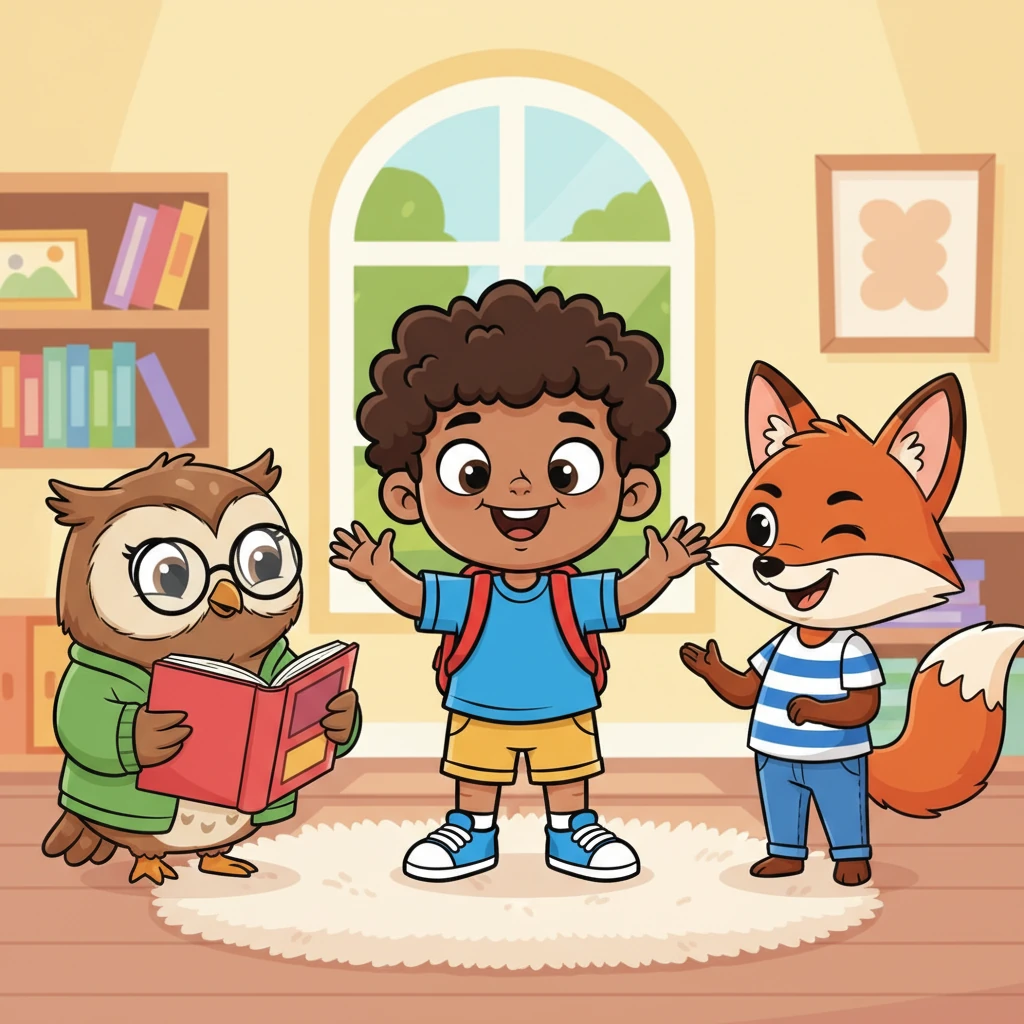 During story time, Alex can't resist making silly noises and funny faces, distracting everyone with his exaggerated antics. His friendly teacher, a wise owl, gives him a gentle look, while Mark, a fox with a sly smile, secretly encourages Alex with a playful wink.