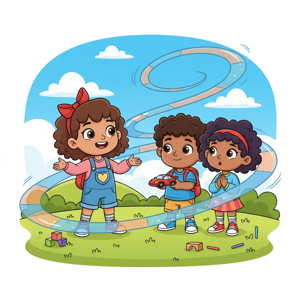Emily, with her kind eyes and a gentle smile, approaches Alex and Bella. She suggests they could build an amazing, winding race track together for the car, where everyone could take turns. Her face is full of creative and cooperative ideas.