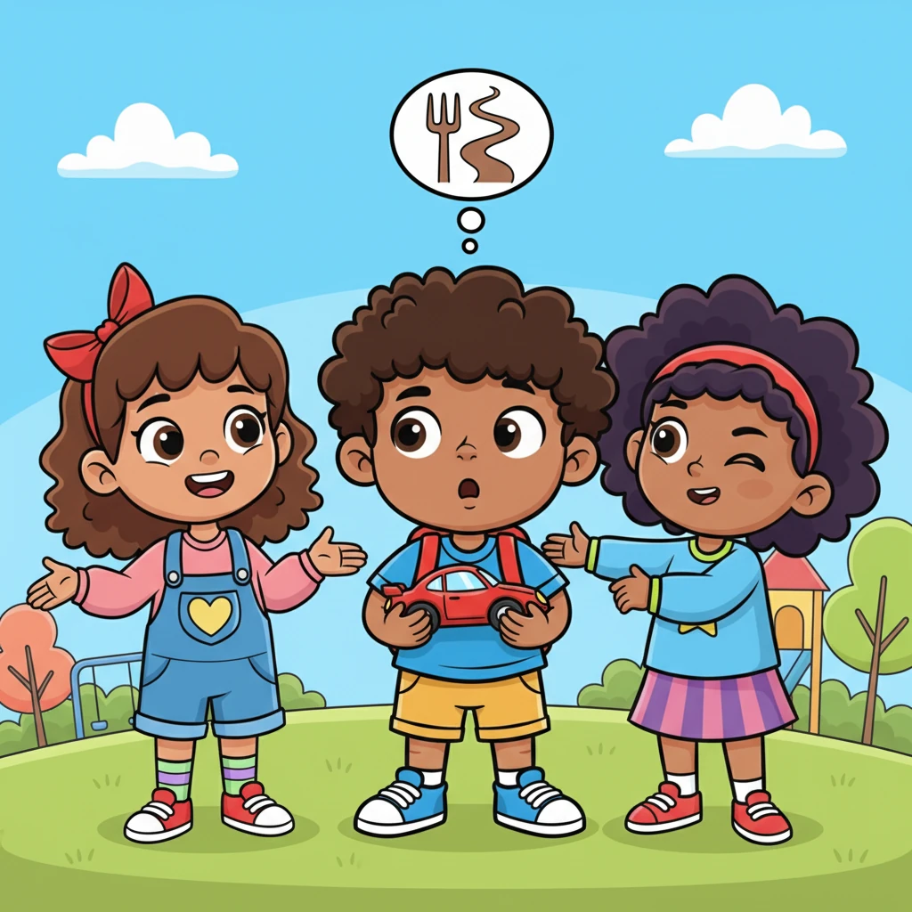 Alex holds the bright red car, looking from Emily's inviting smile to Mark's playful nudge to keep it to himself. A tiny thought bubble appears above his head, showing a cartoon fork in the road, illustrating his internal debate. His expressive face shows his confusion.