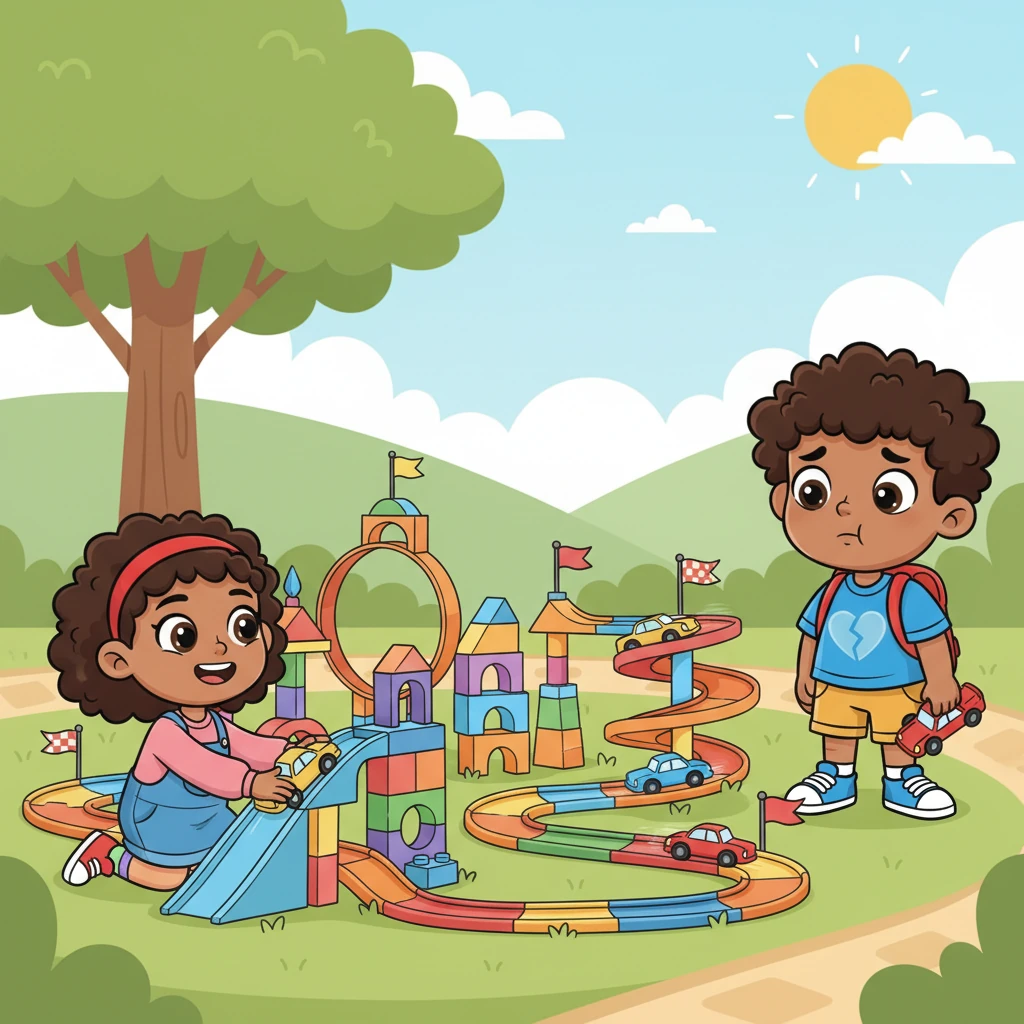 The amazing race track Emily and Bella built without him looks incredibly fun, with exciting twists and turns. Alex watches them, a pang of loneliness in his exaggerated heart, as the red car suddenly doesn't seem as exciting when played with alone. He feels a little left out.