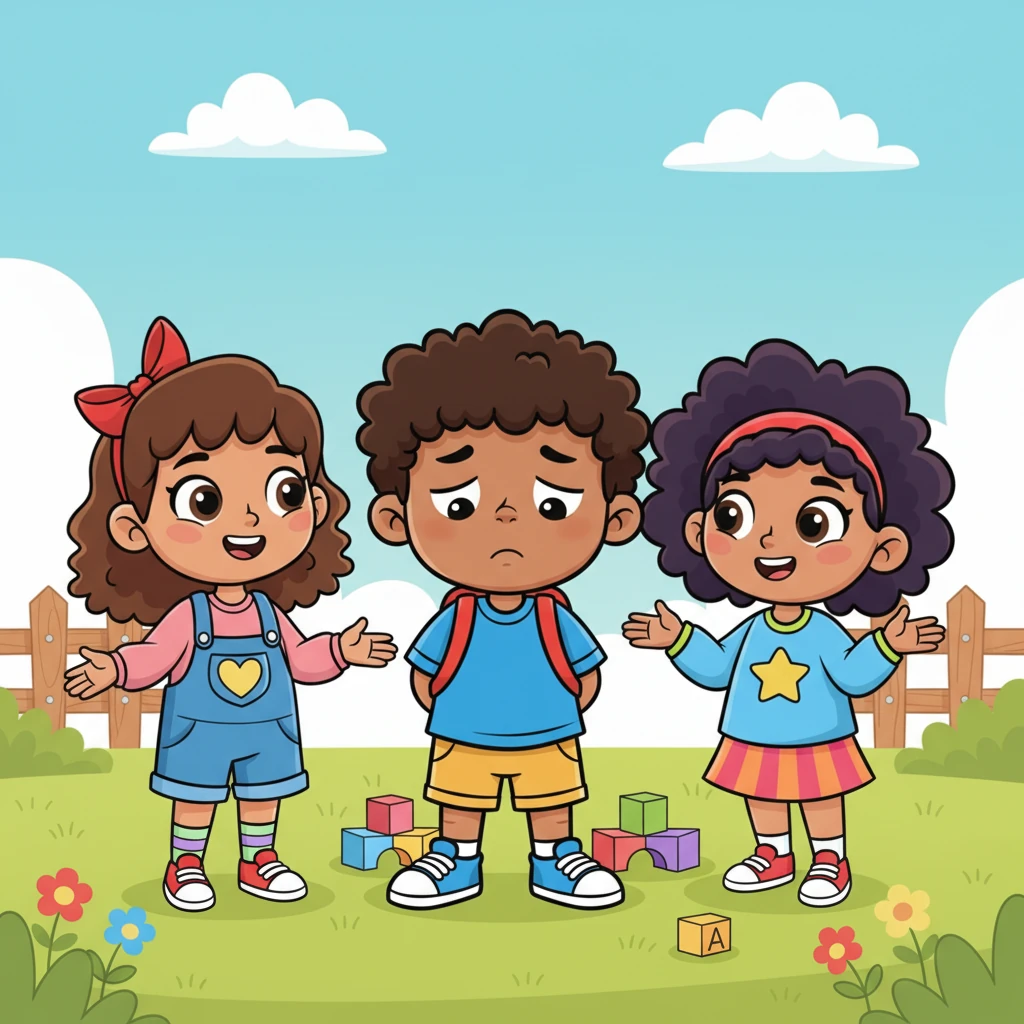 Bella and Emily notice Alex's slightly sad face and gently invite him to join their game. They explain with warm, reassuring smiles that sharing makes games much more fun for everyone involved. They use simple hand gestures to illustrate their point.