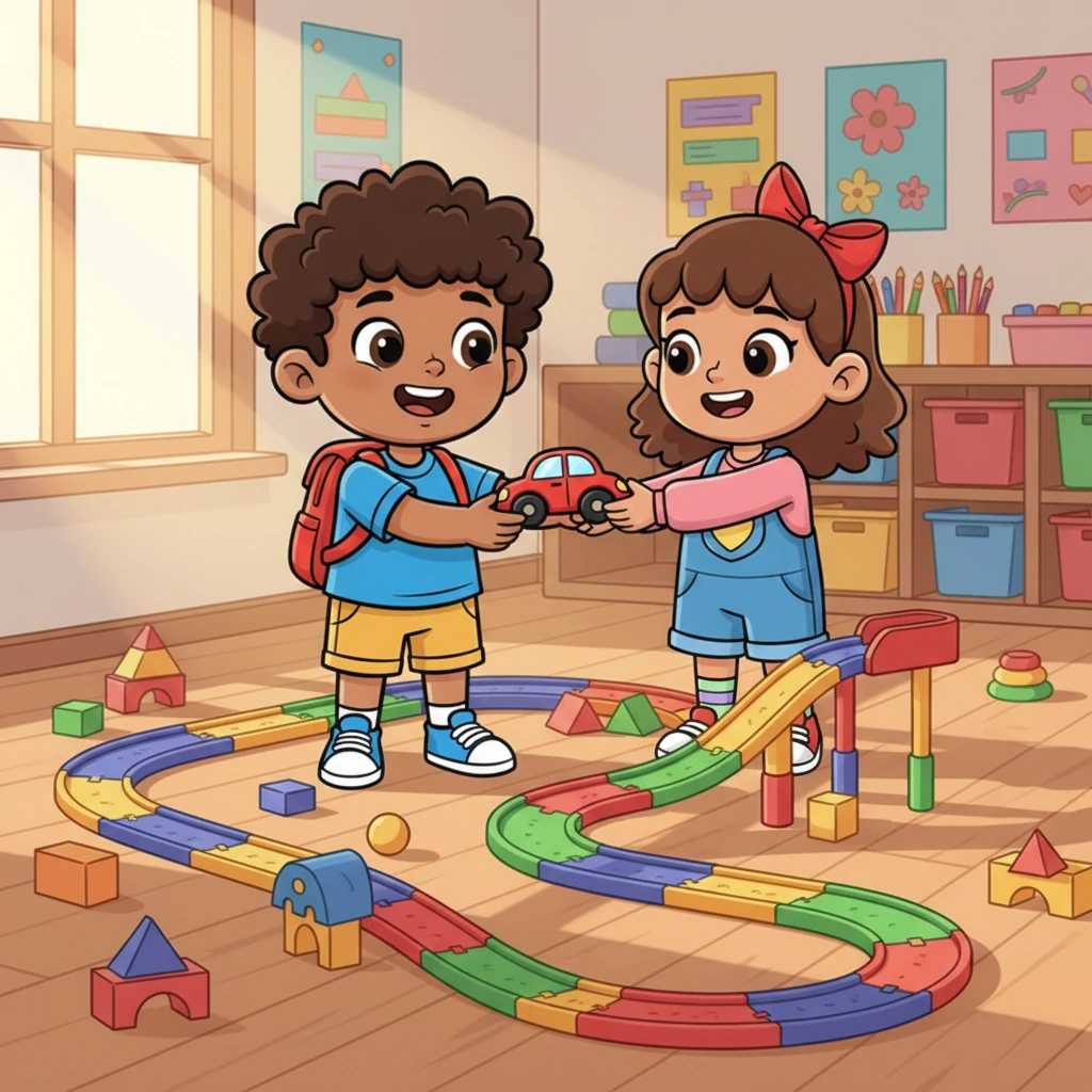Inspired by their kindness, Alex walks over and offers the red car back to Bella, his face now beaming with a genuine smile. He eagerly helps Emily add a new, colorful ramp to their track, feeling a warm glow of pride. The classroom feels lighter and friendlier.