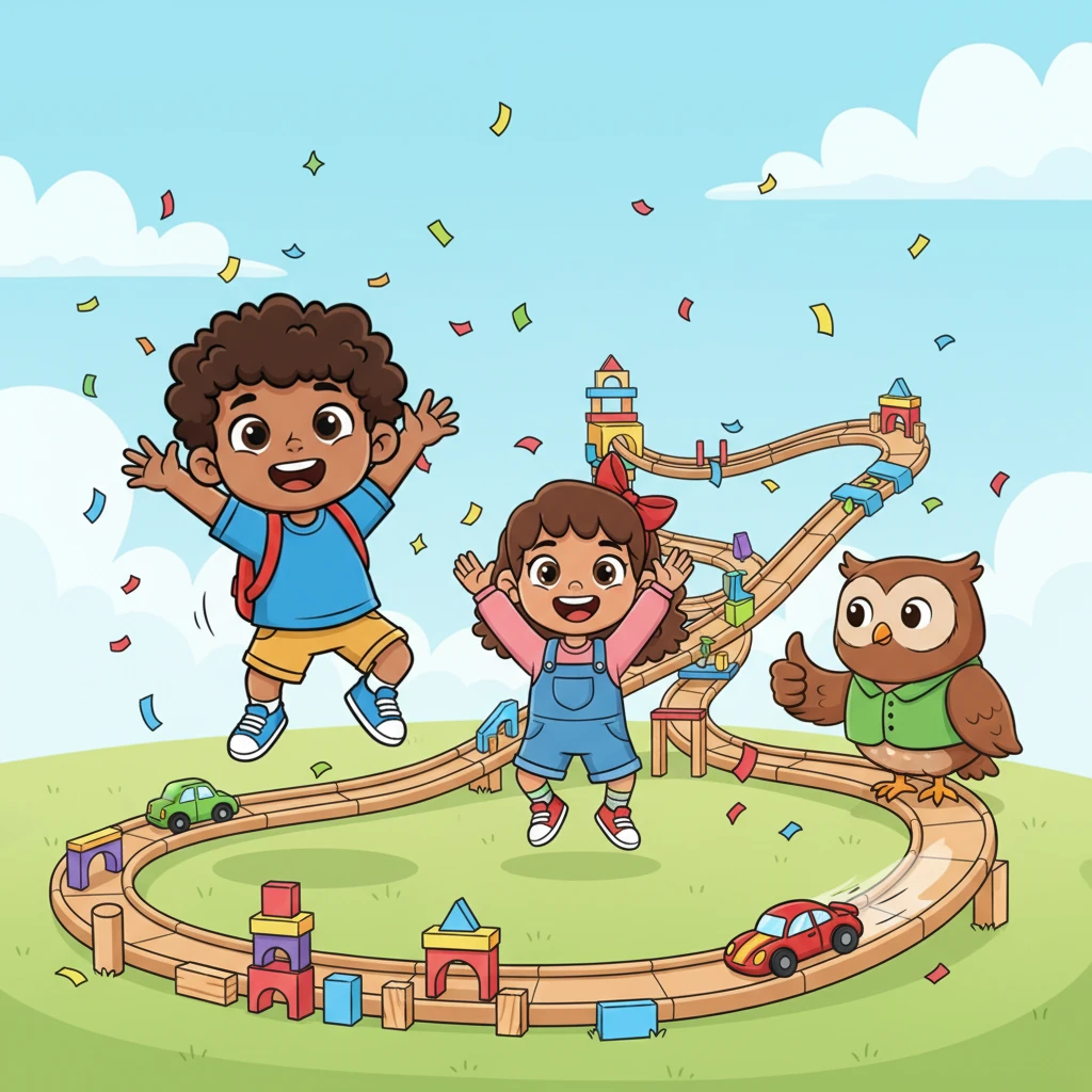 The three friends laugh and cheer as the red car zooms down their completed, magnificent track, now a collaborative masterpiece. Their dynamic poses show their shared excitement and joy, and the wise owl teacher gives Alex a proud thumbs-up. Bright, happy confetti seems to float around them.
