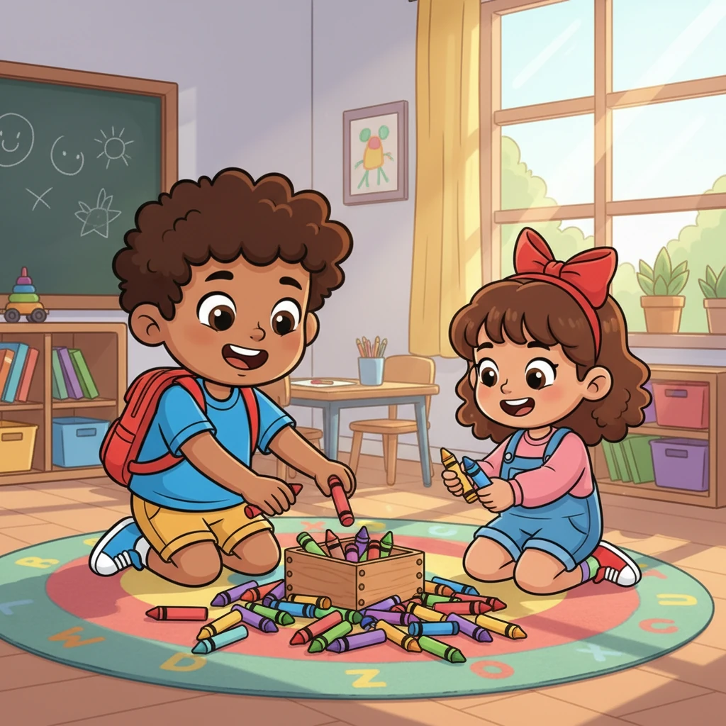 Alex, now a shining example of kindness, helps a smaller friend pick up a pile of scattered crayons with a confident, happy smile. He knows that sharing and helping others make his classroom a wonderful, joyful place to be. The sun shines brightly through the classroom window, illuminating their happy faces.