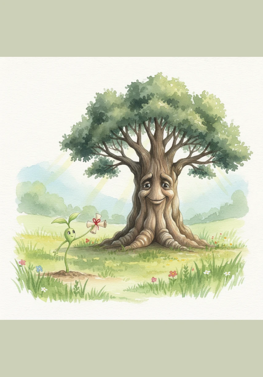 In the heart of a sun-dappled meadow, a tiny sapling named Pip wiggles his two small leaves. He is surrounded by giant trees that touch the clouds, making him feel like a tiny speck of green in a vast, towering world.