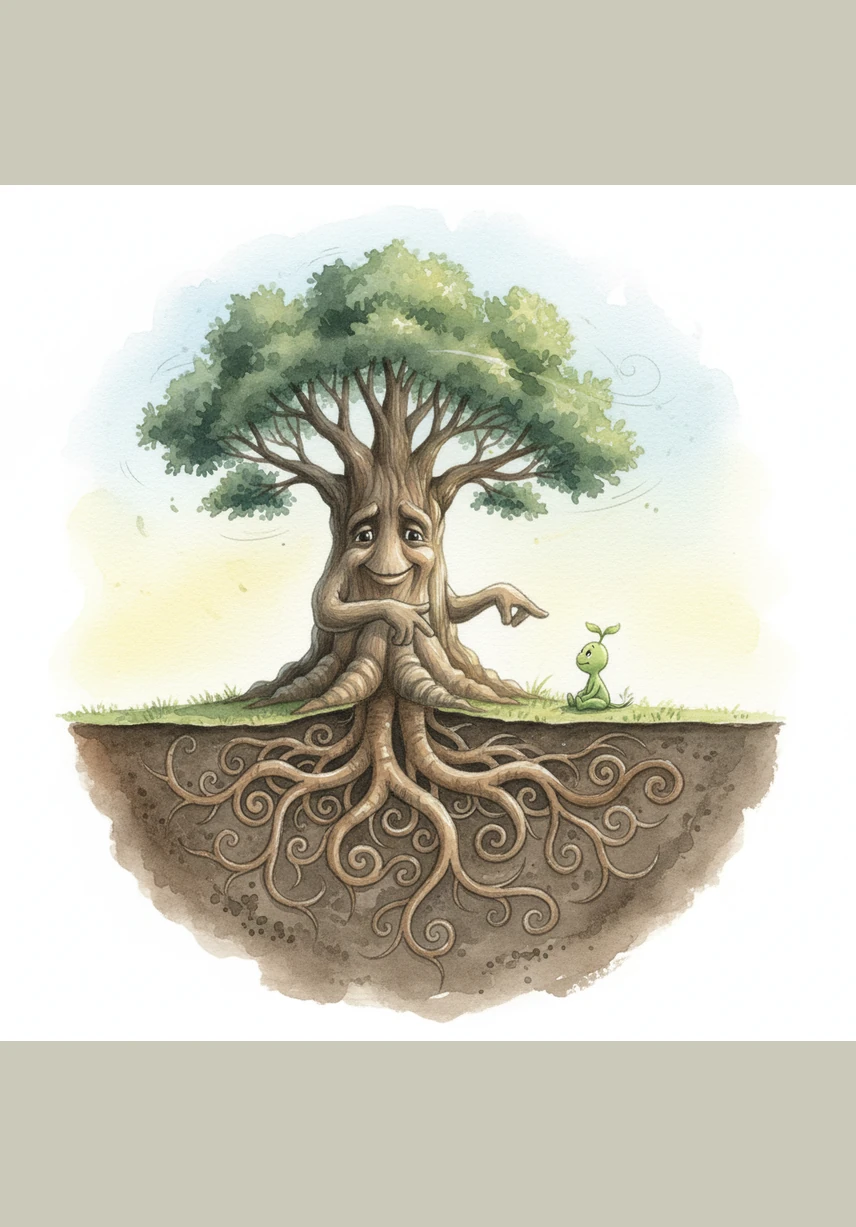 Barnaby explains that while the branches reach for the sun, the roots must slowly dance through the cool soil below. These hidden roots are the secret strength that keeps a tree steady when the world becomes wild and windy.