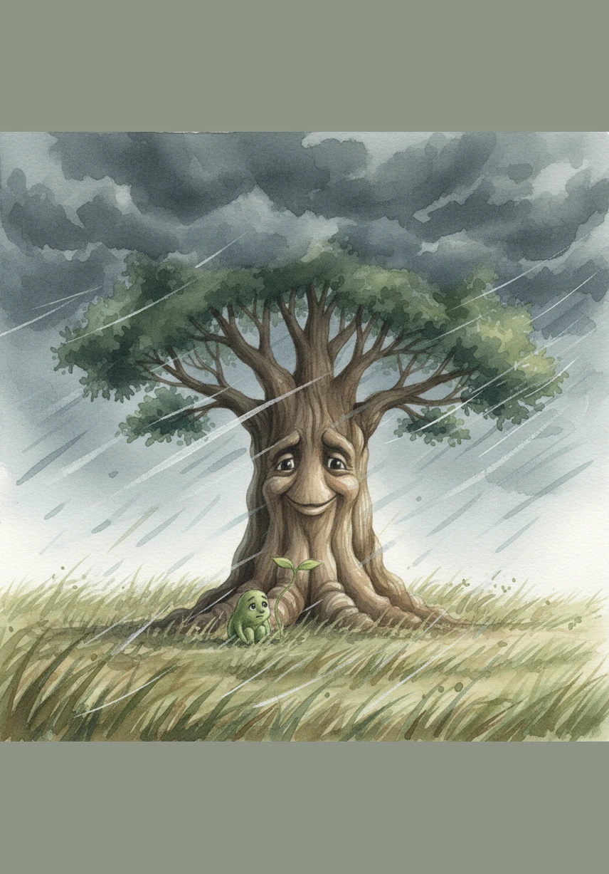 One afternoon, a gray storm rolls in, and the wind howls through the meadow with a mighty roar. Pip huddles close to the ground, watching Barnaby stand firm and strong, protected by a lifetime of slow, steady growth.