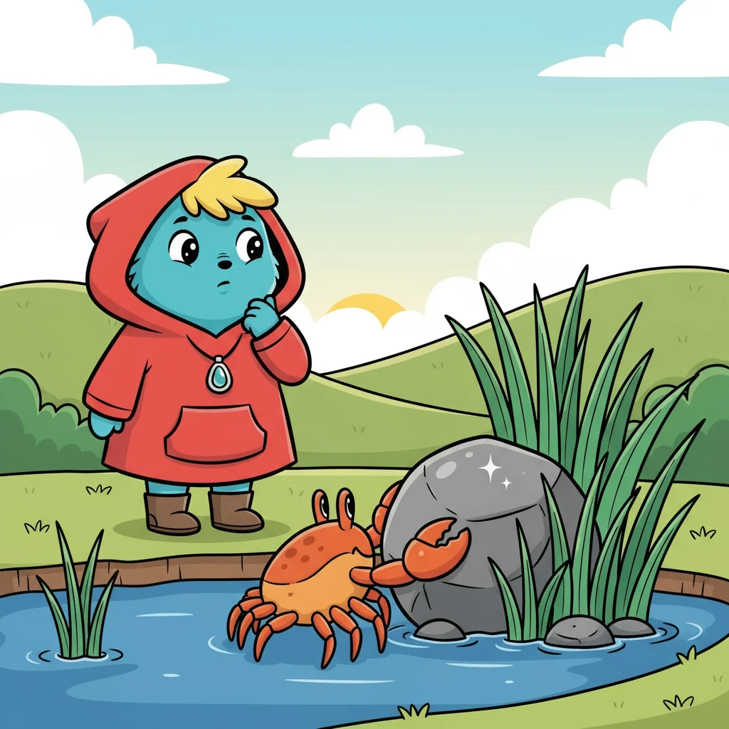 Suatu pagi, Lolo melihat Kepiting Besar membawa sebuah batu berwarna abu-abu yang mengkilap. Kepiting itu meletakkannya di balik rumput air. Lolo berpikir, "Wah, itu pasti batu ajaib!"