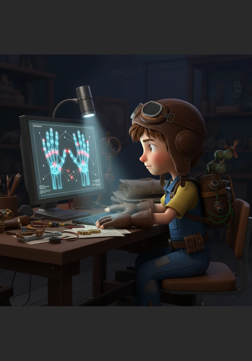 The camera atop his monitor hums to life, casting a soft blue glow as it begins to map the joints and lines of Leo's hands. On the screen, a digital skeleton of his hand appears, mimicking every tiny twitch and flick of his fingers in real-time.
