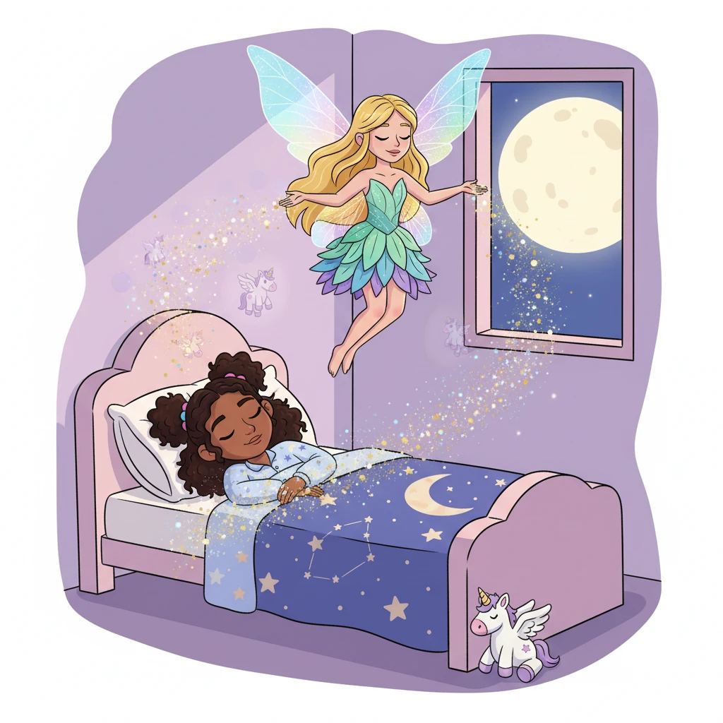 Sofía, una niña con ojos brillantes y una imaginación desbordante, duerme plácidamente en su cama decorada con estrellas. En su sueño, un hada resplandeciente con alas iridiscentes y una sonrisa gentil, llamada Olivia, aparece flotando sobre ella, rodeada de polvo de estrellas mágicas.