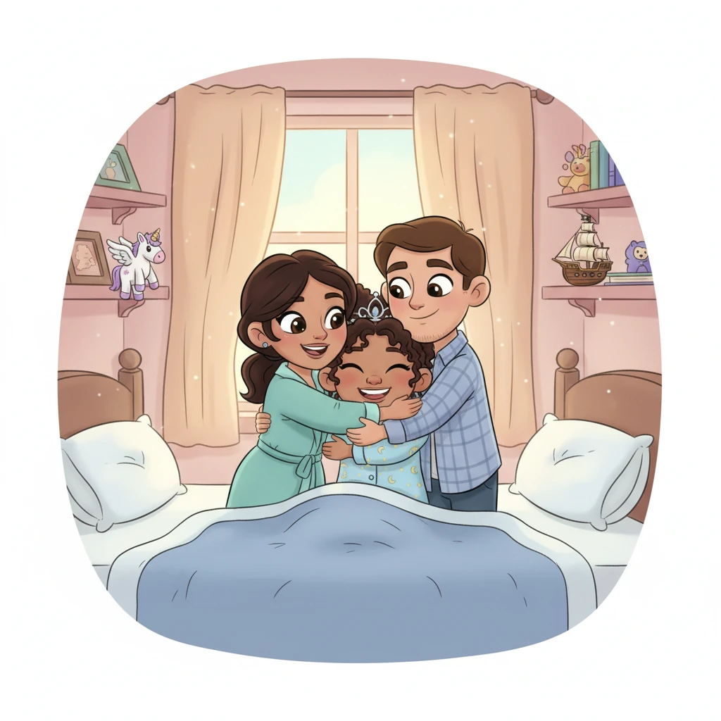 Sofía despierta con un sobresalto, el corazón lleno de una nueva determinación. Al ver a sus padres junto a su cama, los abraza con todas sus fuerzas, sintiendo una alegría inmensa y la promesa mágica resonando en su mente. Ella sabe que nunca los perderá si cumple su parte del trato.