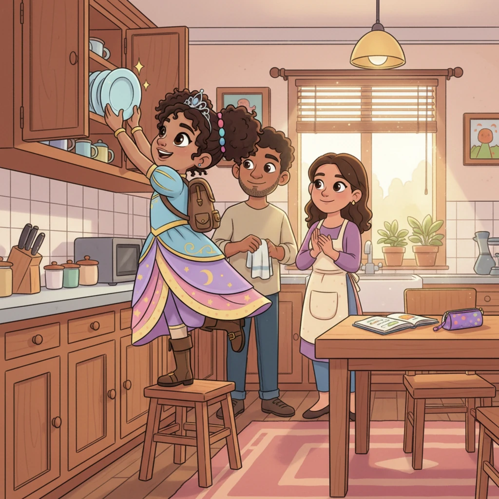 Durante cinco meses, Sofía se convierte en la niña más ejemplar: se levanta temprano, hace sus tareas con diligencia y ayuda a su mamá con los quehaceres de la casa. Su rostro irradia orgullo y felicidad mientras sus padres la miran con cariño, ajenos a su secreto mágico.