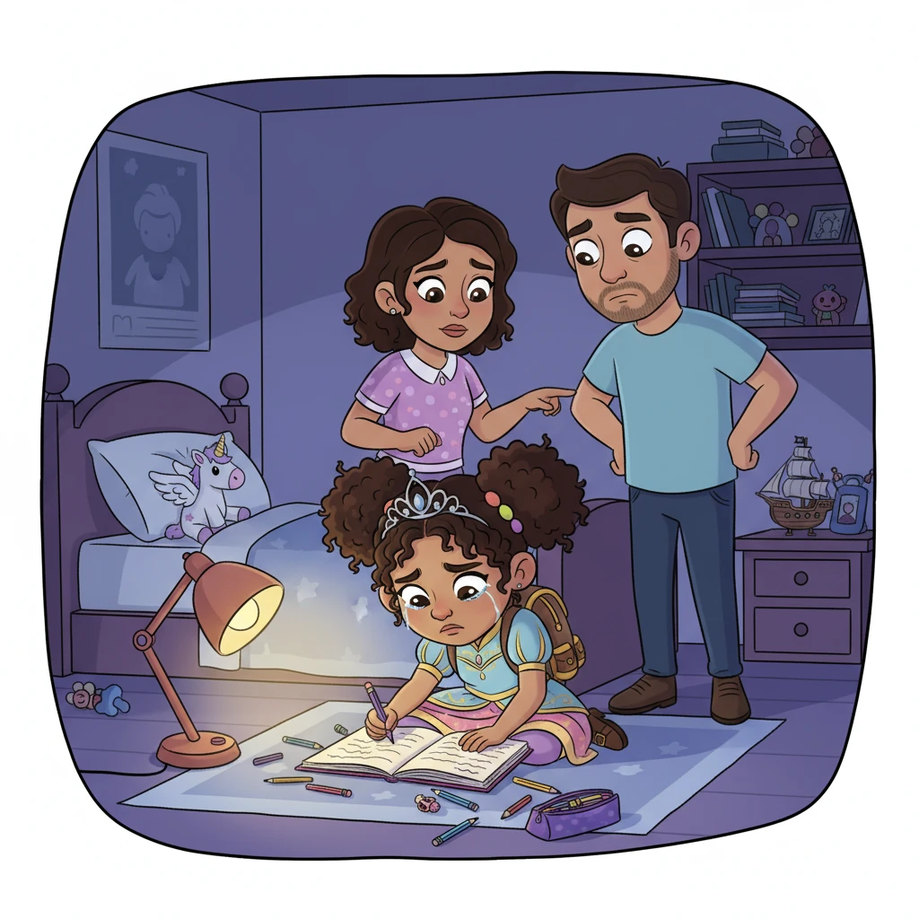 Un día, Sofía se deja llevar por la diversión con sus amigas y olvida por completo su tarea escolar. Esa noche, a escondidas, intenta terminarla, pero sus padres la descubren y la regañan con ternura pero firmeza por su descuido. Sofía se siente muy triste y arrepentida.