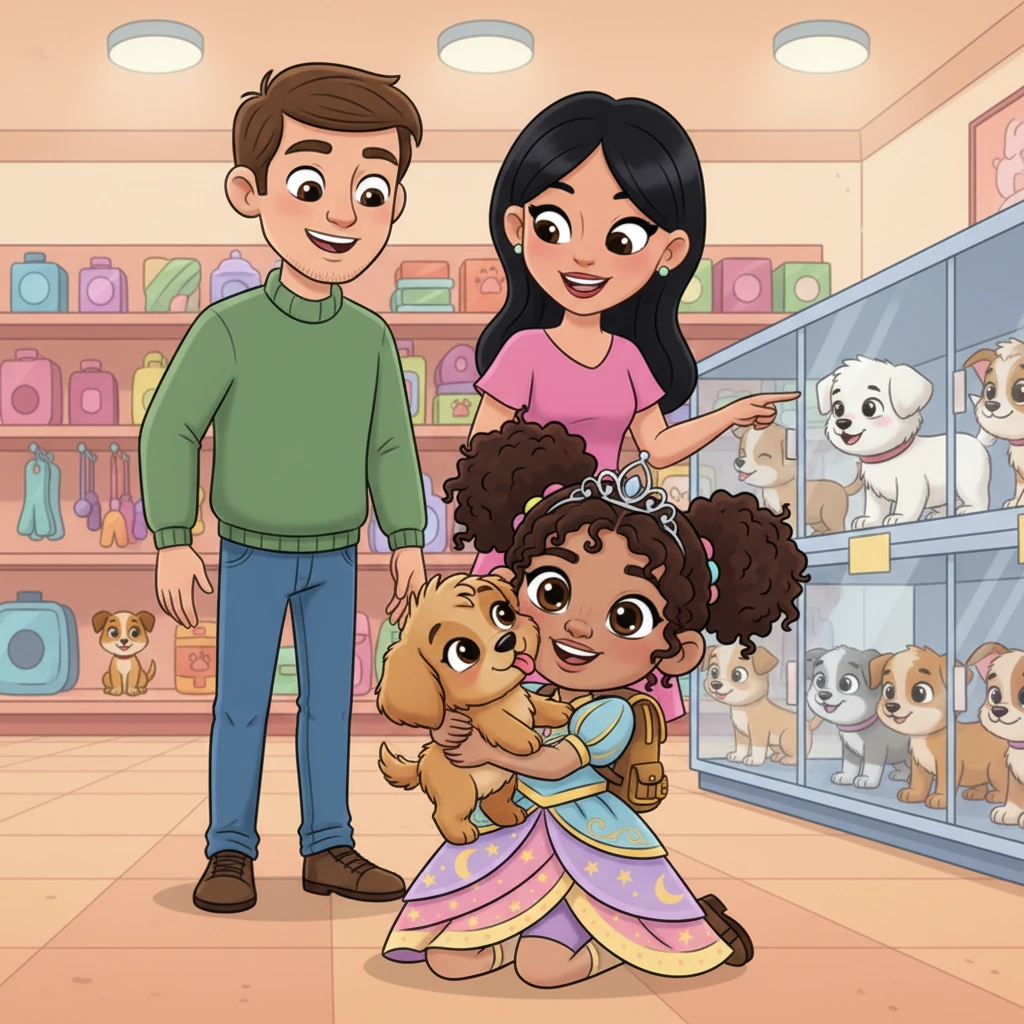 En su cumpleaños, Sofía elige un perrito café y esponjoso en la tienda de mascotas, enamorándose al instante de él. Aunque sus padres prefieren otro, Sofía insiste con ternura, y al final, la familia se lleva a casa al adorable cachorro que se convertirá en su fiel compañero.