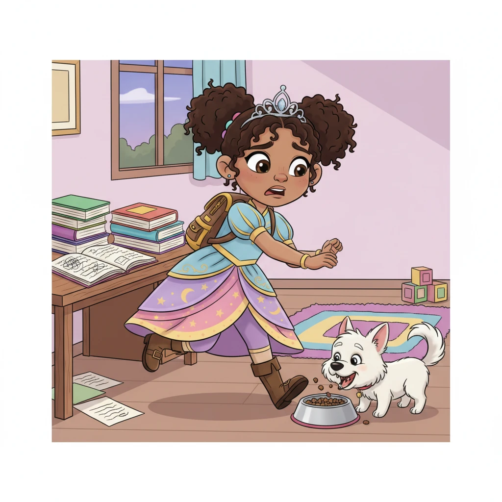 Un día, Sofía tiene mucha tarea y olvida alimentar a su perrito. Recordando las palabras de sus padres sobre el castigo por no cuidarlo, deja la tarea a un lado y corre a darle de comer. El perrito devora su comida con entusiasmo y Sofía, aliviada, termina su tarea rápidamente.