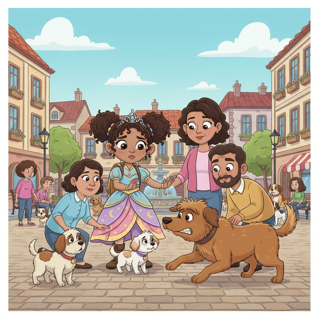 Sofía y su perro disfrutan de un paseo en la plaza, donde se encuentran con muchos otros perros. De repente, un perro más grande intenta atacar al suyo, pero el perrito de Sofía es valiente y ella lo protege. Sus padres, calmados, le explican que, para protegerlo, no podrán traerlo más a la plaza, y Sofía, aunque triste, acepta, pues la seguridad de su perrito y su familia es lo más importante.