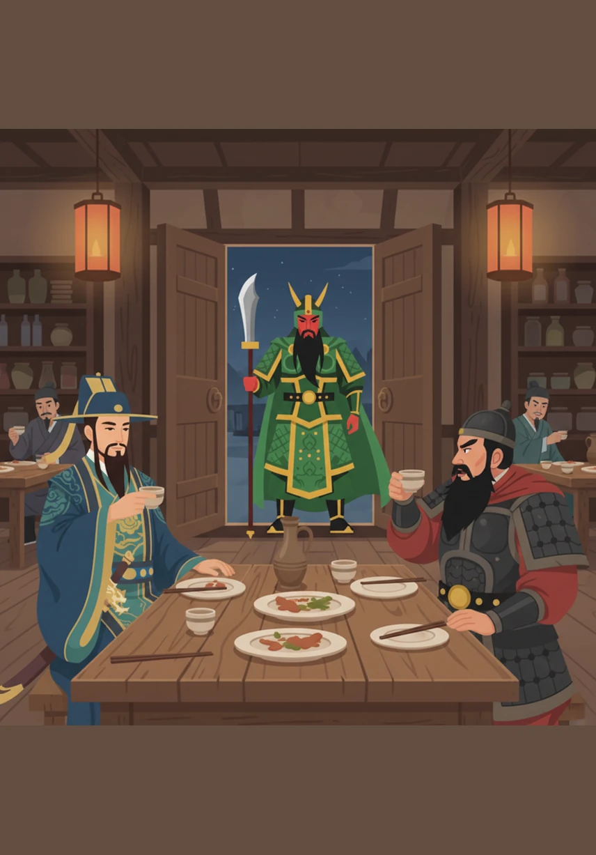 两人意气相投，决定去附近的酒馆详谈。正当他们举杯痛饮时，一位红脸长须、相貌威武的壮士关羽也推门而入，引起了他们的注意。