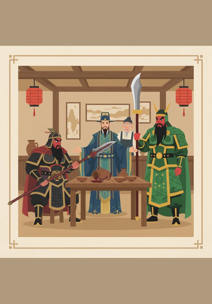 关羽坐在邻桌，谈起自己为了惩治恶霸而流落江湖的经历。刘备和张飞被他的正义感所打动，邀请他一同入座。三位豪杰围坐在桌前，共同探讨如何在这个乱世中开创一番事业。