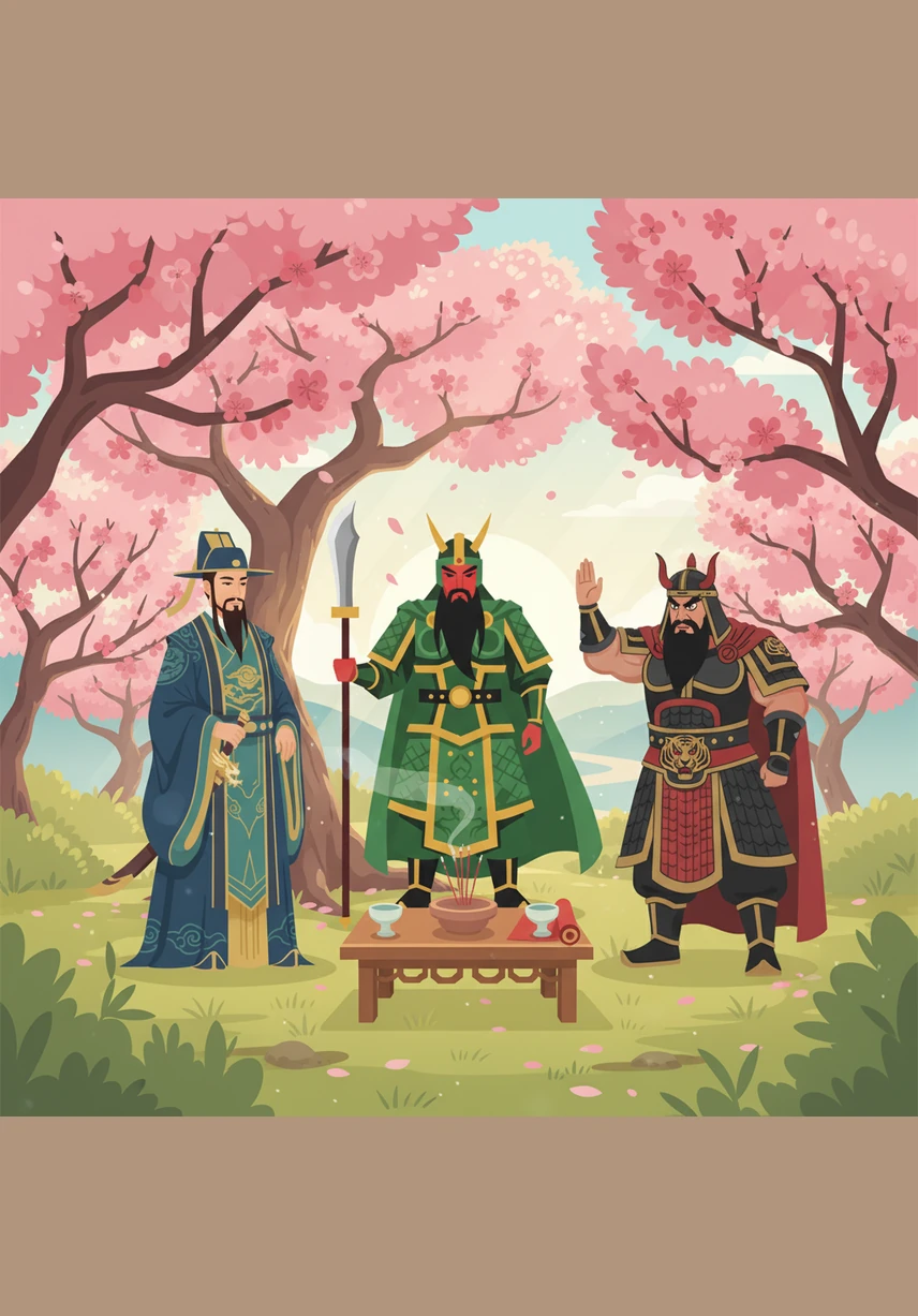 第二天清晨，阳光洒在粉红色的桃花瓣上。三人来到桃林深处，那里已经摆好了乌牛白马等祭品，香炉中青烟袅袅升起。