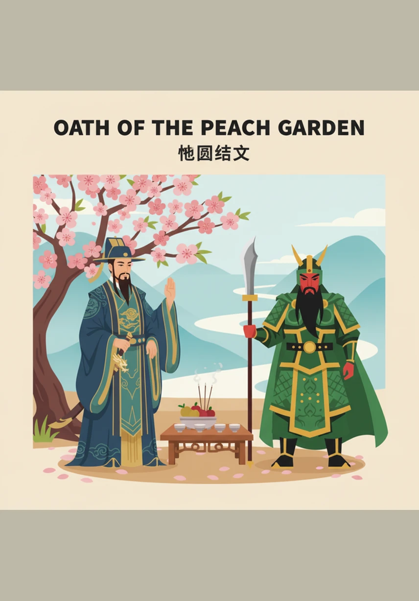 刘备、关羽、张飞三人并排跪在祭坛前，焚香礼拜。他们面对着灿烂的桃花和广阔的天地，许下了同生共死的庄严誓言。
