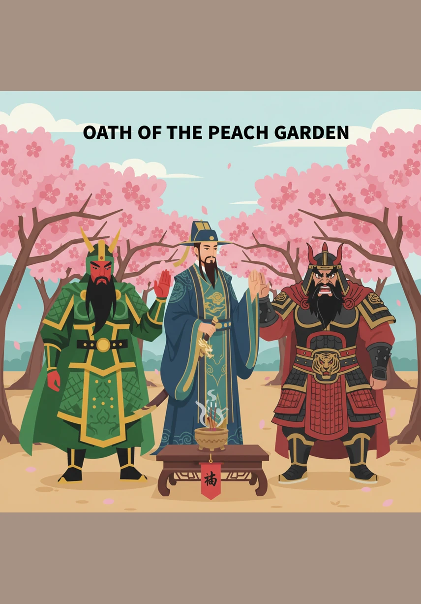 礼成之后，三人按年龄排定序位。刘备为长兄，关羽为二弟，张飞为三弟。他们在花瓣纷飞的桃林中开怀大笑，深厚的情谊从此扎根。