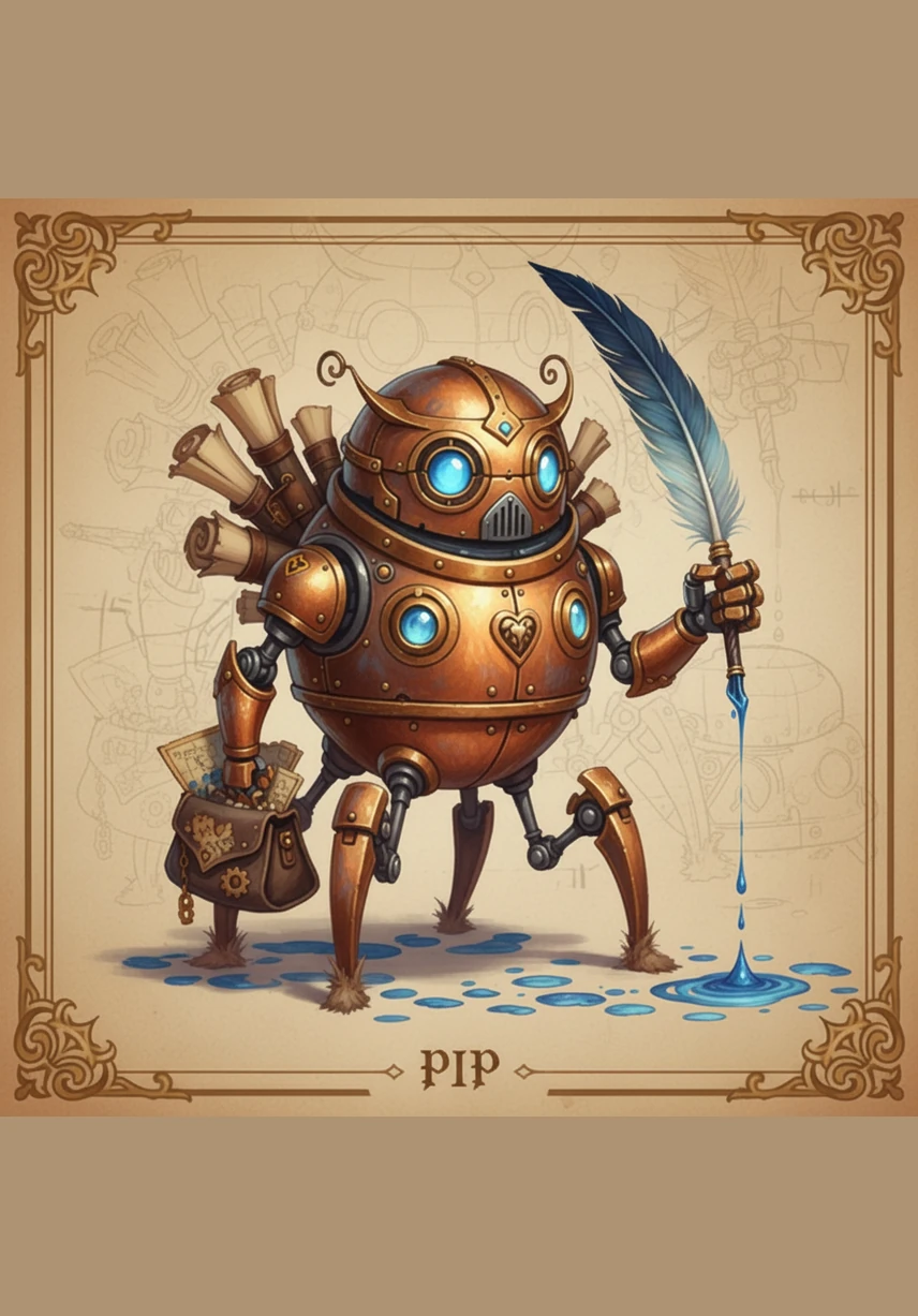 Meet Pip, a small friend with glowing yellow eyes and a shiny metal body. He lives in a magical workshop filled with clicking gears and buzzing lights.
