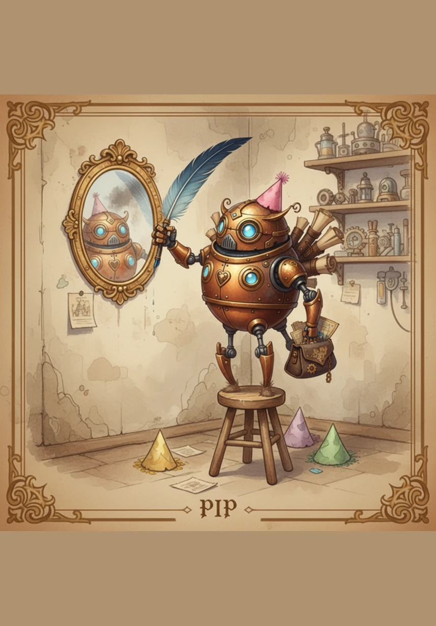 Pip finds a very tall blue hat and puts it right on top of his head. He looks in a mirror and smiles at his funny new look while standing on a wooden stool.