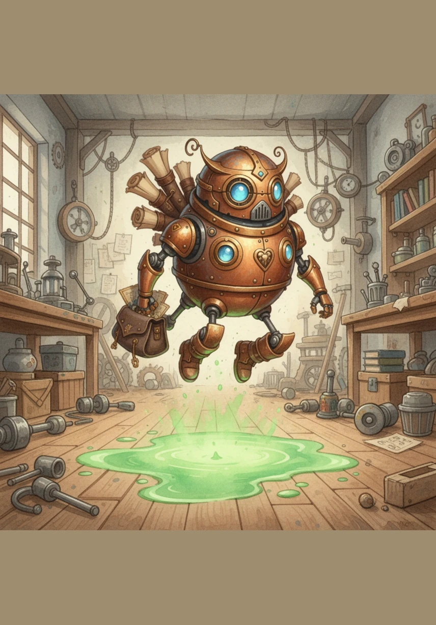 There is a puddle of glowing green paint on the floor, and Pip takes a big leap over it. His little boots make a soft sound as he lands safely on the other side of the workshop.