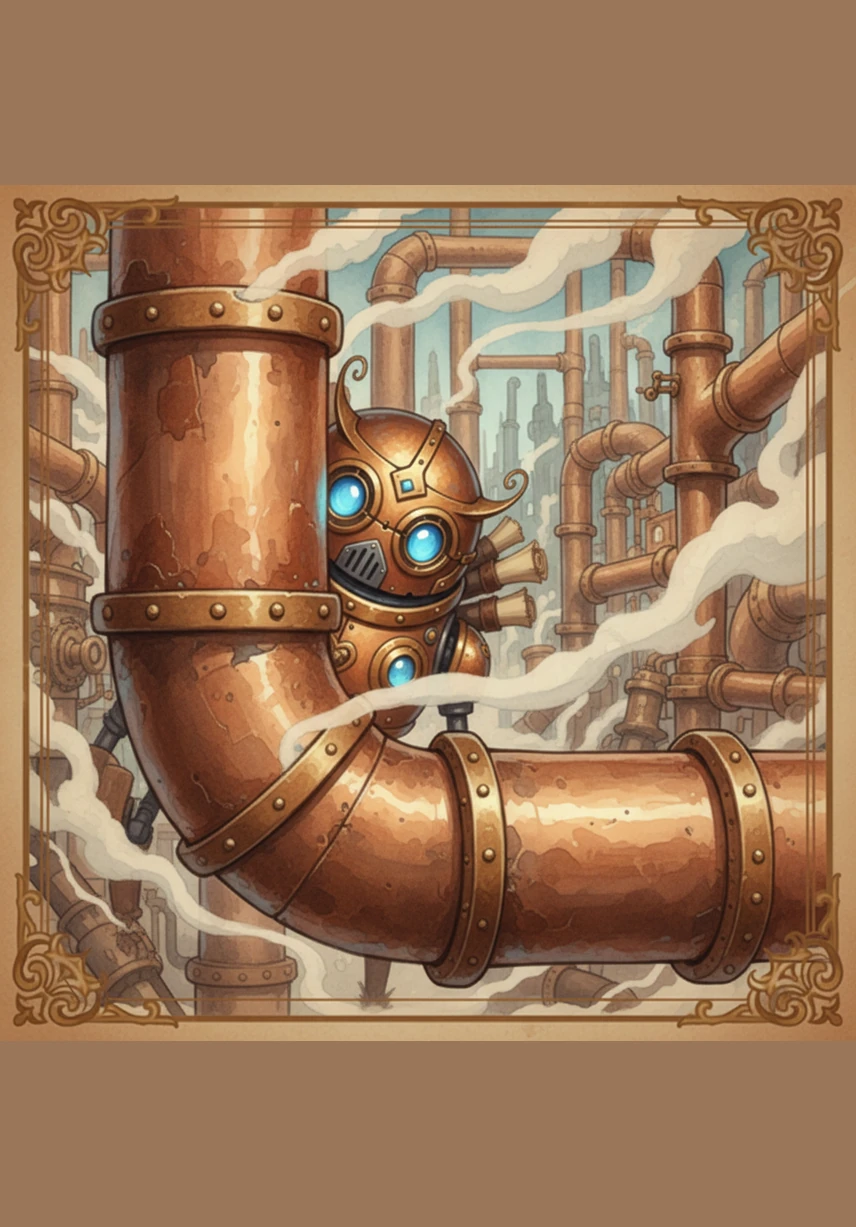 Peek-a-boo! Pip is hiding behind a giant copper pipe, but his glowing eyes give him away. He loves playing games in the big, busy city of pipes and steam.