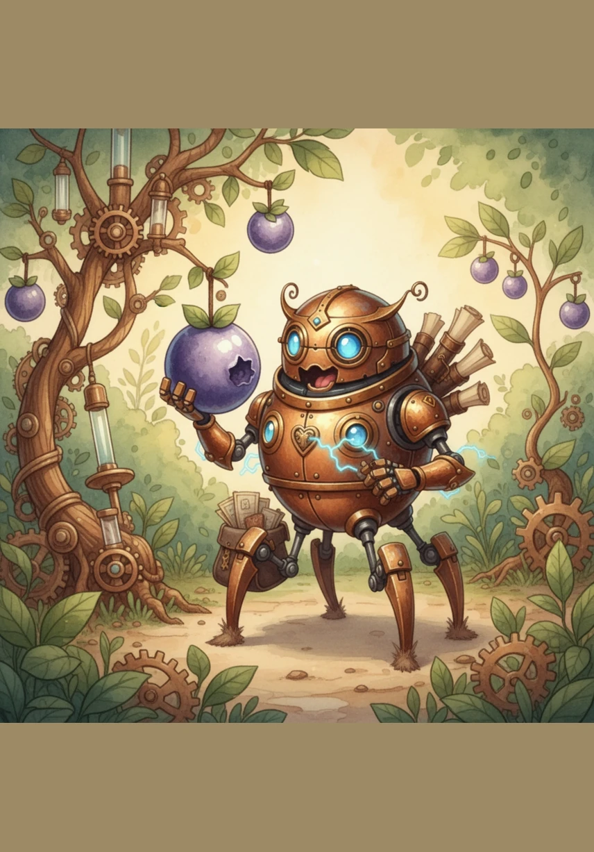 Pip finds a snack that looks like a round purple fruit hanging from a mechanical tree. He takes a happy bite and feels full of energy and light in the middle of the garden.