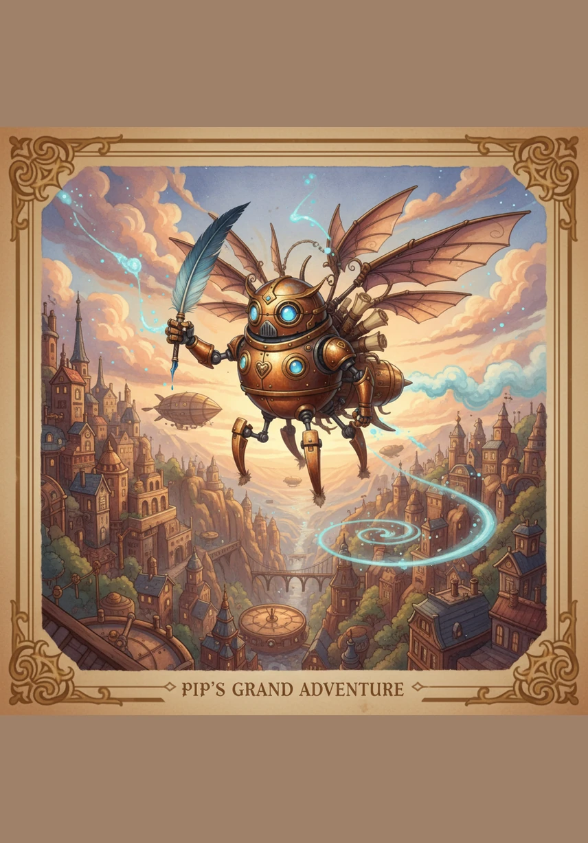 Click, clack, zoom! Pip unfolds his tiny mechanical wings and flies through the air. He soars past the tall chimneys and under the glowing bridges of the city.