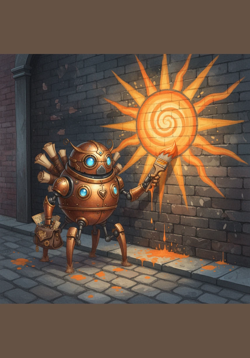 With a brush in his hand, Pip paints a beautiful sun on a dark brick wall. He uses bright orange paint to make the whole street feel warm and happy for his neighbors.
