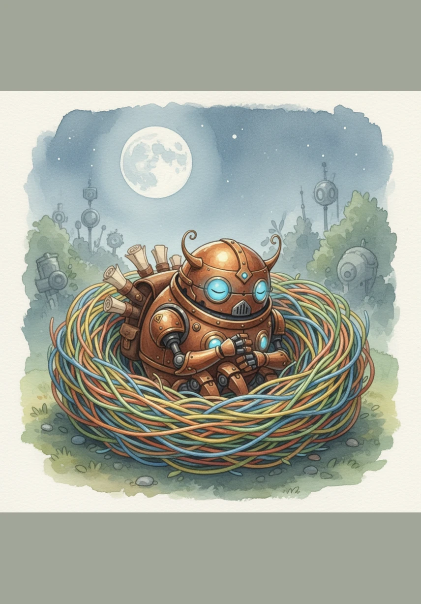 After a long day of playing, Pip finds a cozy nest made of soft, colorful wires. He curls up tight and closes his glowing eyes for a peaceful sleep under the moonlight.