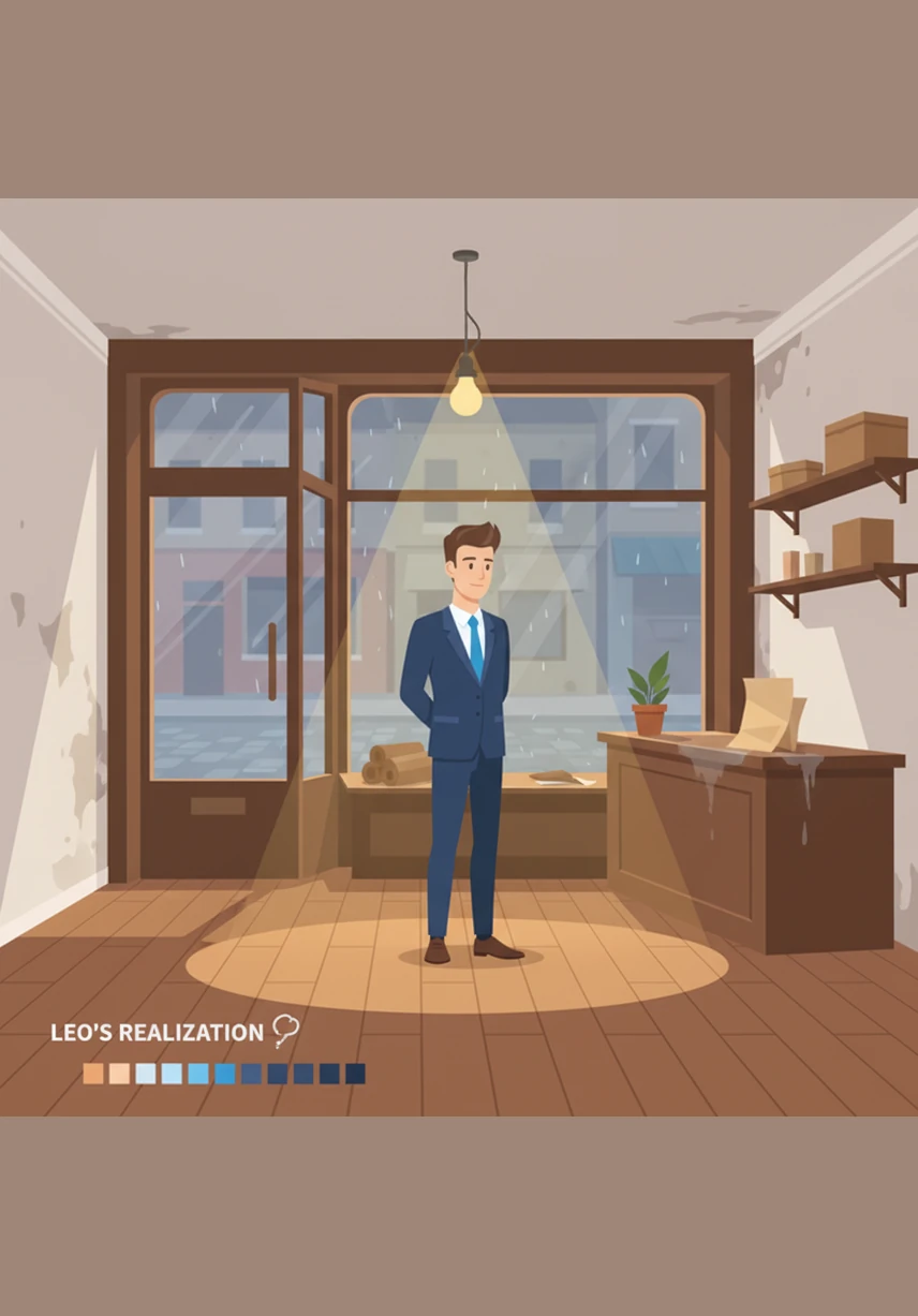 Leo stands in his quiet storefront, realizing that the bustling marketplace has shifted to the digital screens in everyone's pockets. He decides it is time to evolve and take his passion for commerce into the vast online universe.