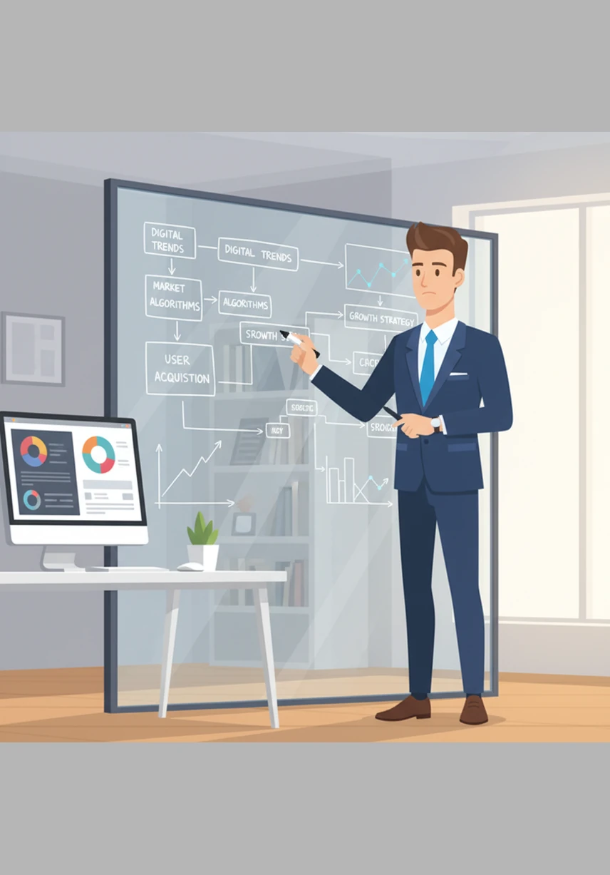 In a bright and modern home office, Leo begins researching digital trends and market algorithms. He sketches out a strategic roadmap on a glass board, blending his business intuition with the power of modern technology.