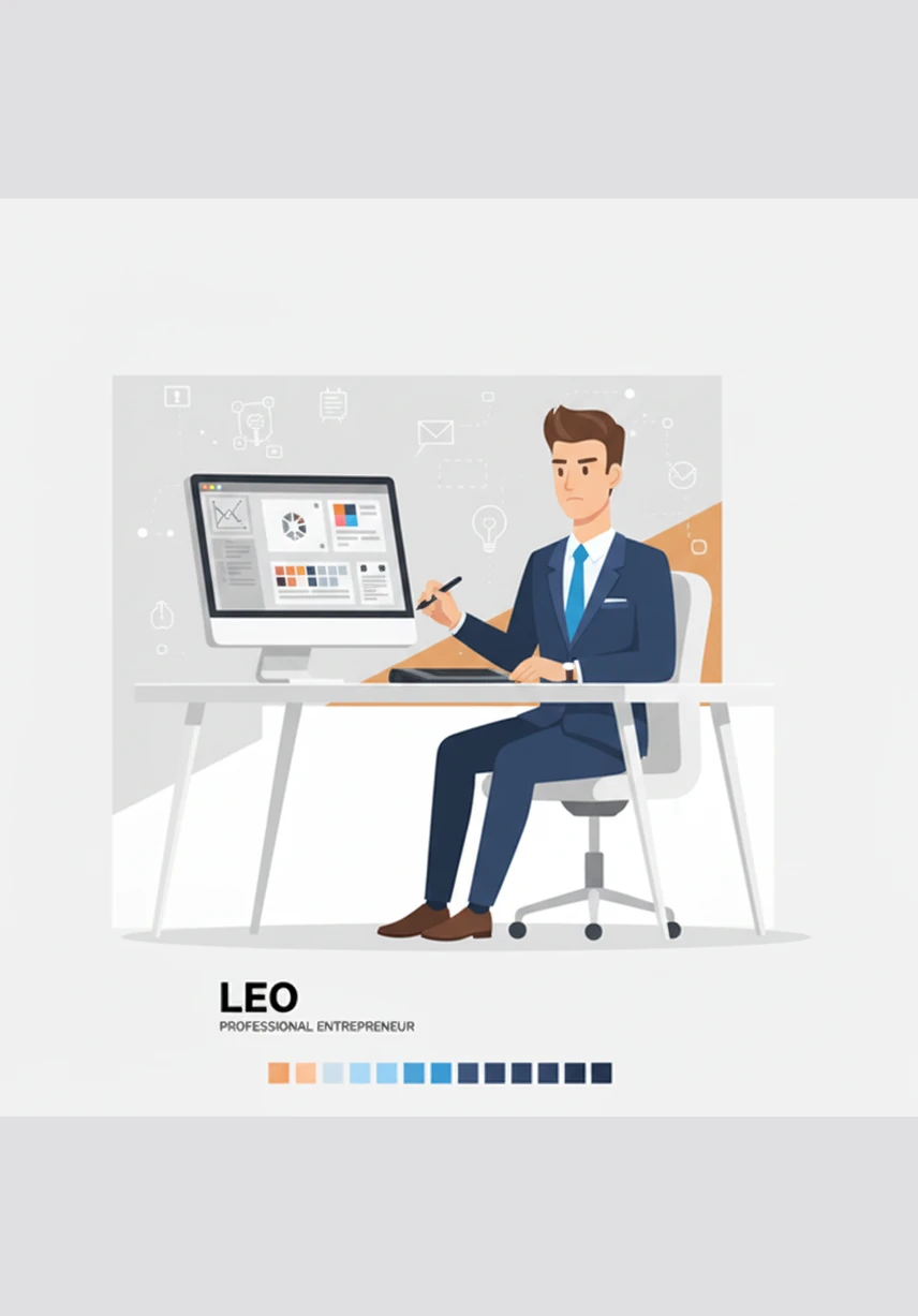 Leo focuses on building a professional brand identity that radiates trust and innovation through a sleek color palette and a modern logo. He ensures his digital presence is polished and consistent, creating a strong first impression for every new visitor.