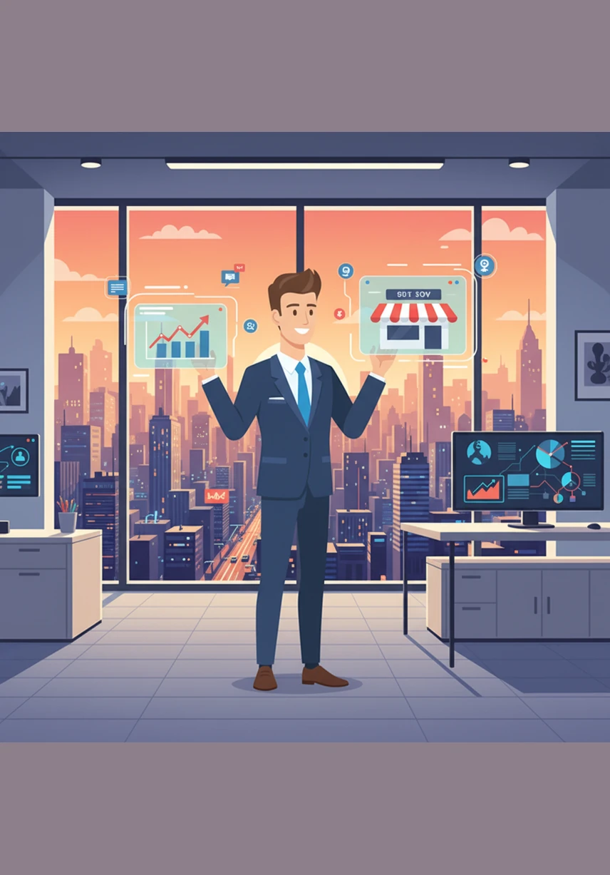 Leo celebrates his incredible success in a high-tech office overlooking a vibrant city, ready for the next chapter of his journey. He has successfully transformed his business into a thriving online empire, mastering the future of commerce and digital sales.