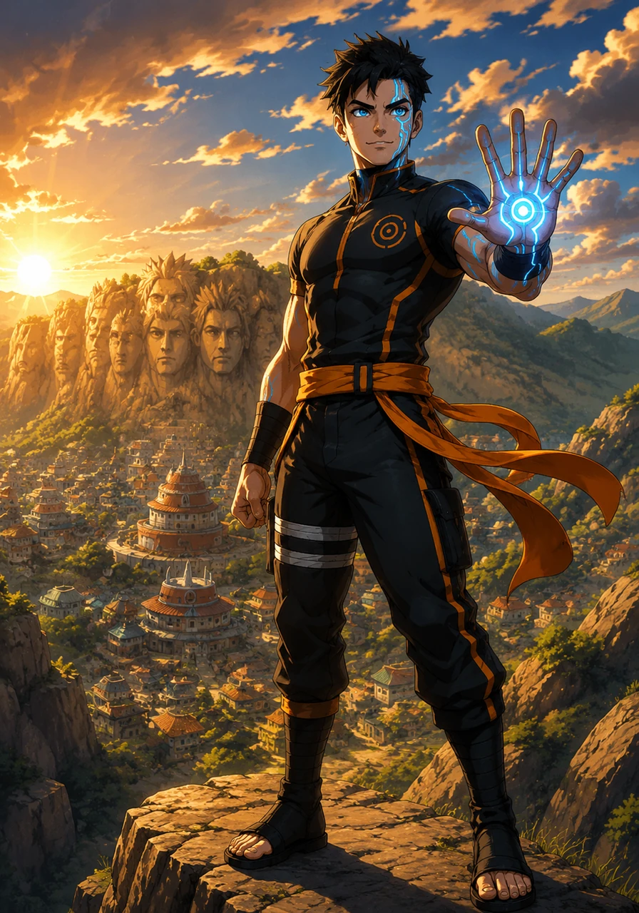 Troy stands tall at twenty years old, his eyes reflecting the wisdom of the Nine-Tails and the strength of his Senju heritage. The Karma mark on his palm pulses with a faint blue light as he overlooks the hidden valley of his home.