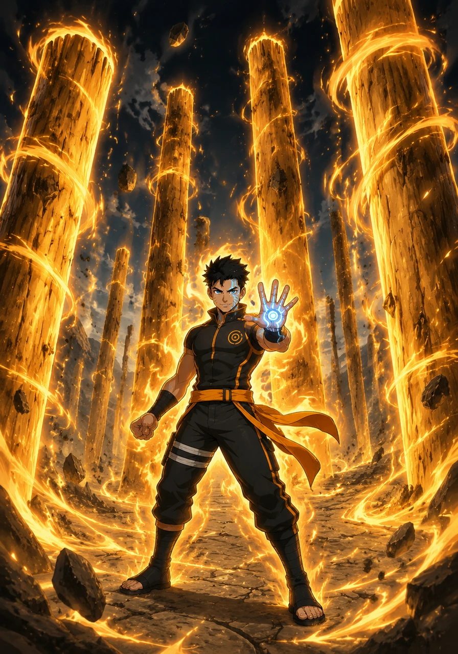 In a display of raw power, Troy summons massive wooden pillars that glow with the golden-orange chakra of Kurama. His training grounds are transformed into a forest of light, proving his mastery over his unique and dual bloodlines.
